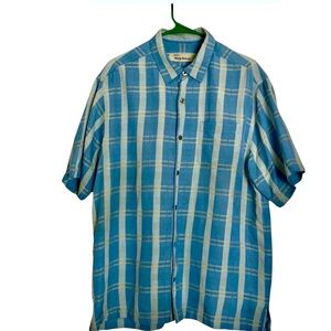 Tommy Bahama Hawaiian Shirt Blue Green Plaid Silk Blend Men's Size Medium‎